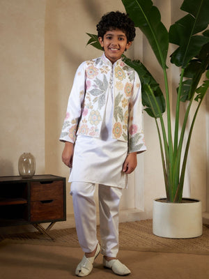 Rajwada White Satin Embellished Stitched Kurta Set For Kids