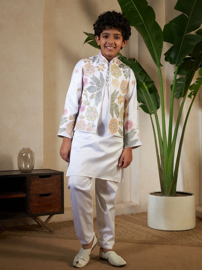 Rajwada White Satin Embellished Stitched Kurta Set For Kids