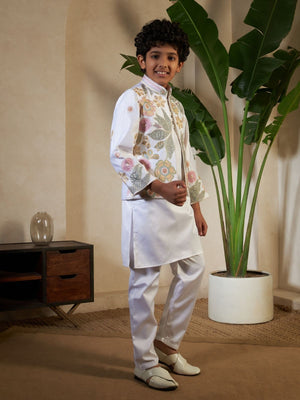Rajwada White Satin Embellished Stitched Kurta Set For Kids