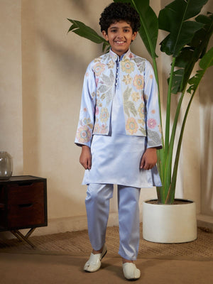 Rajwada Sky Blue Satin Embellished Stitched Kurta Set For Kids