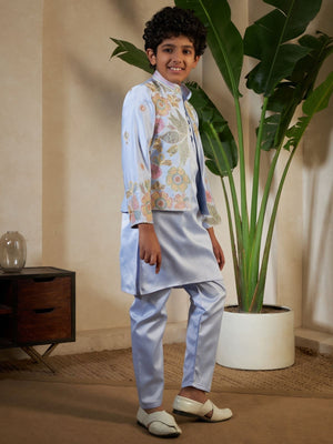 Rajwada Sky Blue Satin Embellished Stitched Kurta Set For Kids