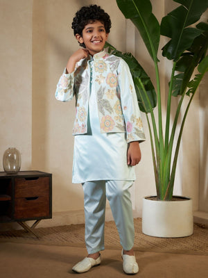 Rajwada Pista Green Satin Embellished Stitched Kurta Set For Kids