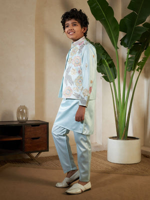 Rajwada Pista Green Satin Embellished Stitched Kurta Set For Kids