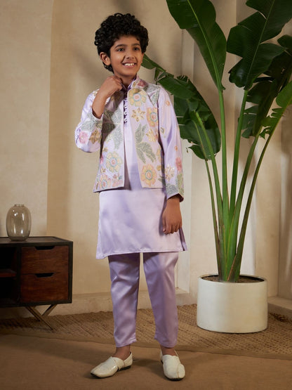 Rajwada Lavender Satin Embellished Stitched Kurta Set For Kids