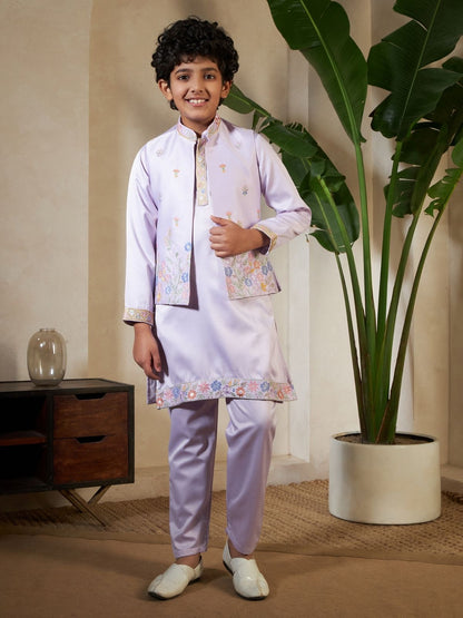 Rajwada Lavender Satin Embellished Stitched Kurta Set For Kids