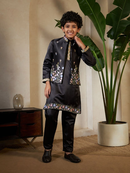 Rajwada Black Satin Embellished Stitched Kurta Set For Kids