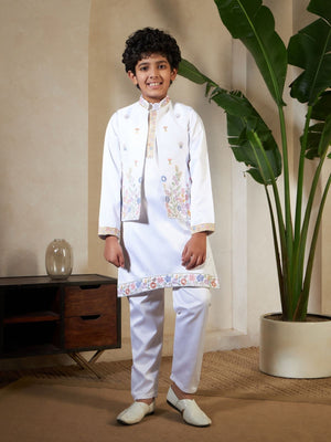 Rajwada White Satin Embellished Stitched Kurta Set For Kids