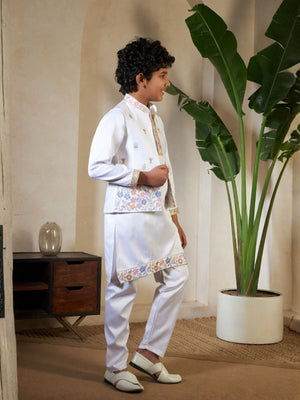 Rajwada White Satin Embellished Stitched Kurta Set For Kids