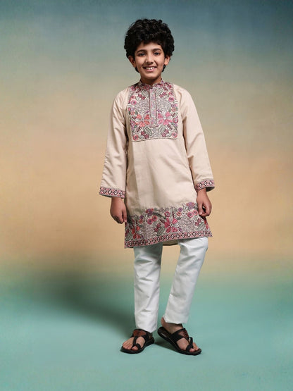 Rajwada Peach Viscose Silk Embroidered Stitched Kurta Set For Kids