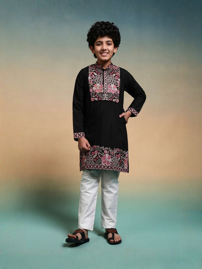 Rajwada Black Viscose Silk Embroidered Stitched Kurta Set For Kids