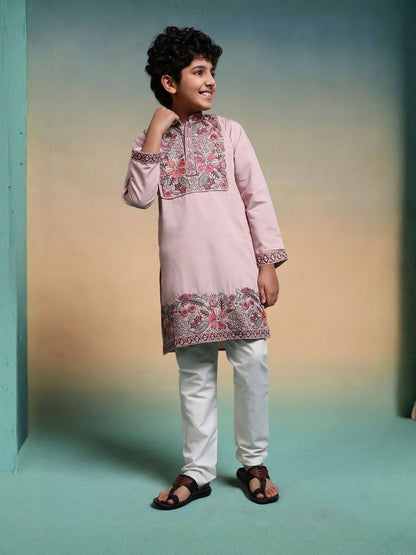Rajwada Mauve Pink  Viscose Silk Embroidered Stitched Kurta Set For Kids