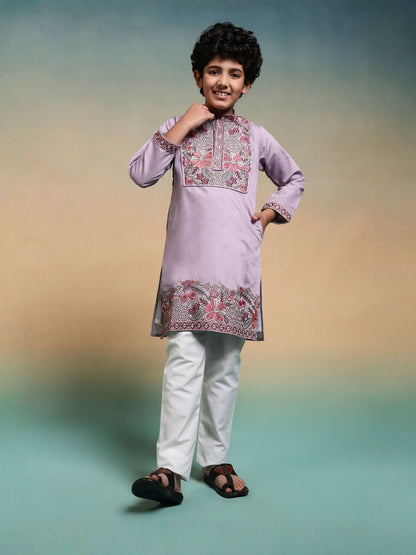 Rajwada Lavender Viscose Silk Embroidered Stitched Kurta Set For Kids