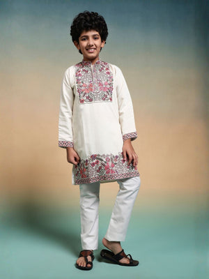 Rajwada White Viscose Silk Embroidered Stitched Kurta Set For Kids