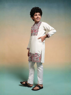 Rajwada White Viscose Silk Embroidered Stitched Kurta Set For Kids