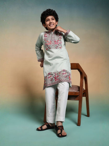 Rajwada Pista Green Viscose Silk Embroidered Stitched Kurta Set For Kids