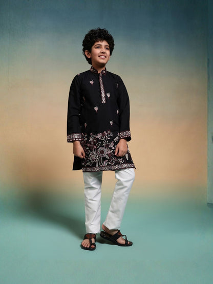 Rajwada Black Viscose Silk Embroidered Stitched Kurta Set For Kids