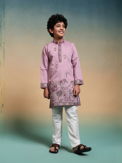 Rajwada Mauve Pink Viscose Silk Embroidered Stitched Kurta Set For Kids