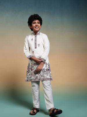 Rajwada White Viscose Silk Embroidered Stitched Kurta Set For Kids