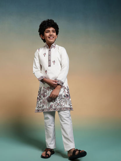 Rajwada White Viscose Silk Embroidered Stitched Kurta Set For Kids