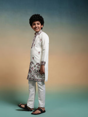 Rajwada White Viscose Silk Embroidered Stitched Kurta Set For Kids