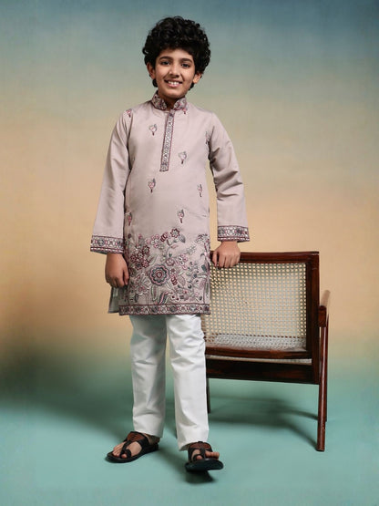 Rajwada Peach Viscose Silk Embroidered Stitched Kurta Set For Kids