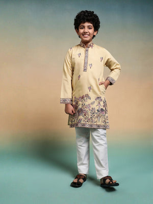 Rajwada Yellow Viscose Silk Embroidered Stitched Kurta Set For Kids