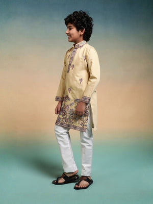 Rajwada Yellow Viscose Silk Embroidered Stitched Kurta Set For Kids