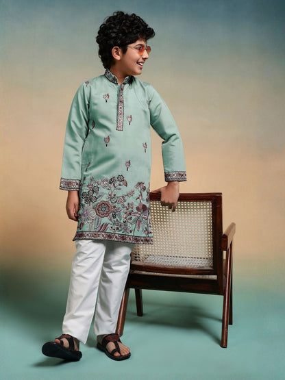 Rajwada Pista Green Viscose Silk Embroidered Stitched Kurta Set For Kids
