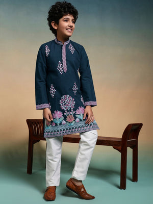 Rajwada Teal blue Viscose Silk Embroidered Stitched Kurta Set For Kids