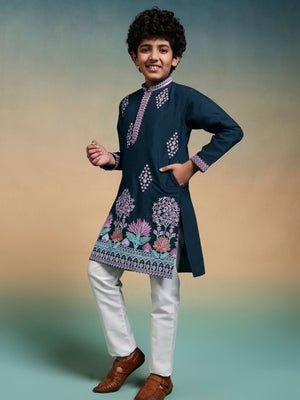 Rajwada Teal blue Viscose Silk Embroidered Stitched Kurta Set For Kids