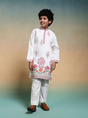 Rajwada White Viscose Silk Embroidered Stitched Kurta Set For Kids