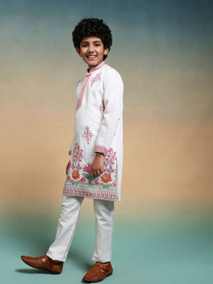 Rajwada White Viscose Silk Embroidered Stitched Kurta Set For Kids
