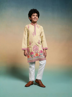Rajwada Yellow Viscose Silk Embroidered Stitched Kurta Set For Kids
