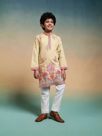 Rajwada Yellow Viscose Silk Embroidered Stitched Kurta Set For Kids