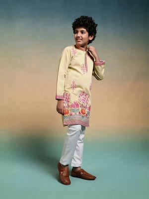 Rajwada Yellow Viscose Silk Embroidered Stitched Kurta Set For Kids