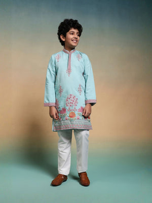 Rajwada Sky Blue Viscose Silk Embroidered Stitched Kurta Set For Kids