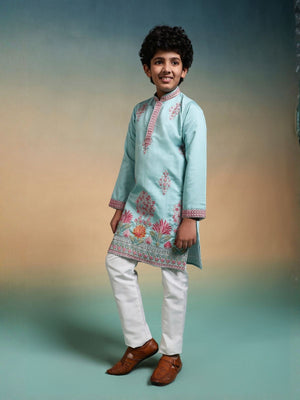 Rajwada Sky Blue Viscose Silk Embroidered Stitched Kurta Set For Kids