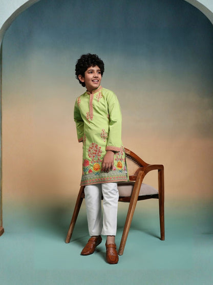 Rajwada Pista Viscose Silk Embroidered Stitched Kurta Set For Kids