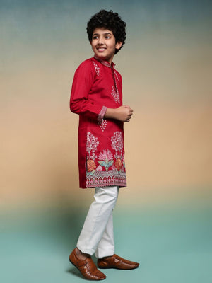 Rajwada Red Viscose Silk Embroidered Stitched Kurta Set For Kids