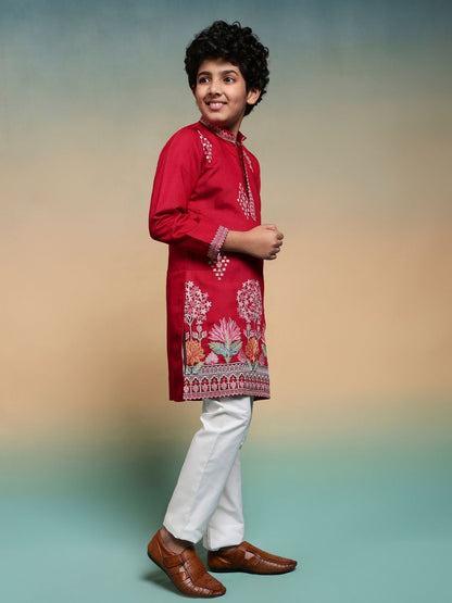 Rajwada Red Viscose Silk Embroidered Stitched Kurta Set For Kids