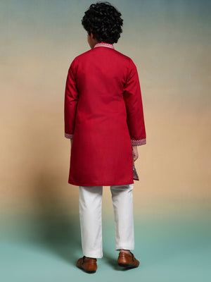 Rajwada Red Viscose Silk Embroidered Stitched Kurta Set For Kids