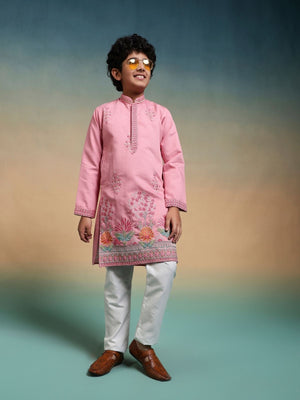 Rajwada Pink Viscose Silk Embroidered Stitched Kurta Set For Kids