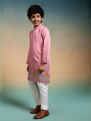 Rajwada Pink Viscose Silk Embroidered Stitched Kurta Set For Kids