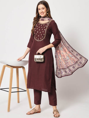  Rajwada - Brown Cotton Printed Stitched Kurta Set