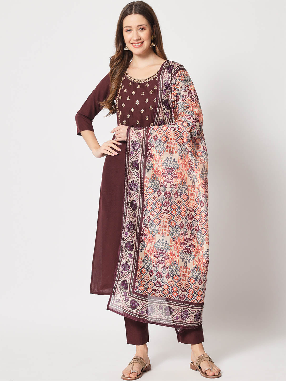  Rajwada - Brown Cotton Printed Stitched Kurta Set