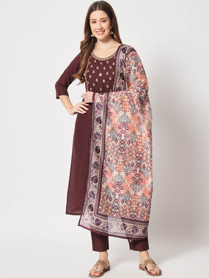  Rajwada - Brown Cotton Printed Stitched Kurta Set