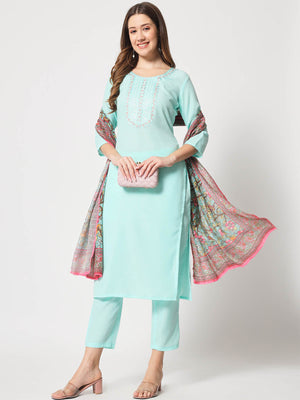  Rajwada - Light Blue Cotton Printed Stitched Kurta Set