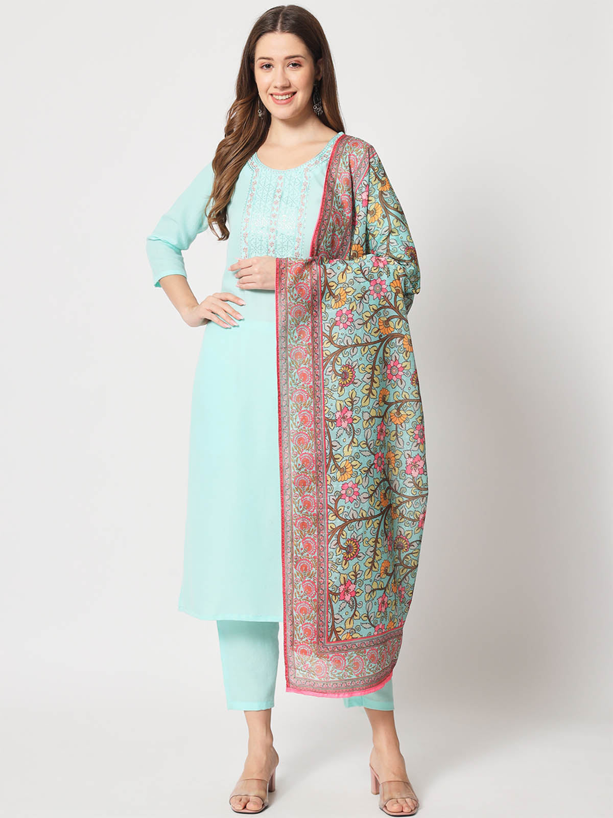  Rajwada - Light Blue Cotton Printed Stitched Kurta Set