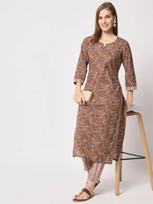  Rajwada - Brown Cotton Printed Stitched Kurta Set