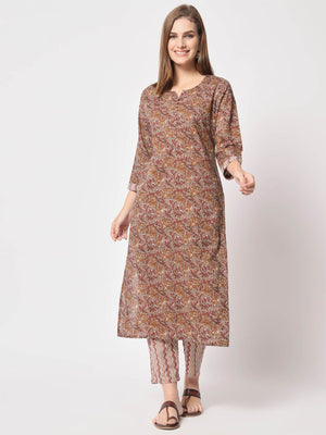  Rajwada - Brown Cotton Printed Stitched Kurta Set